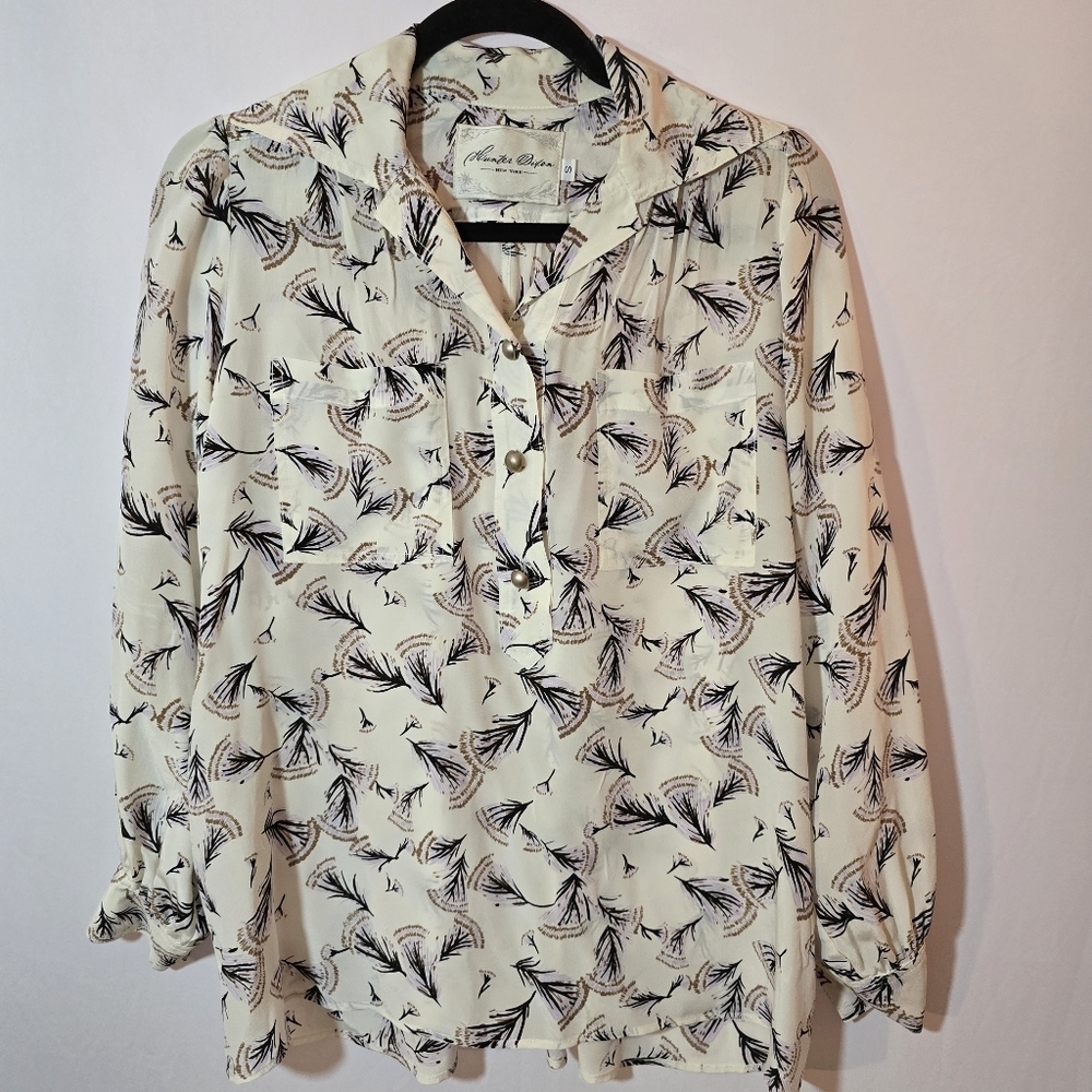 Hunter Dixon New York 100% Silk Romantic Floral Print Popover Blouse Pockets, S